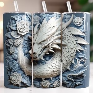 3D Light Blue Dragon and Flowers 20oz Straight Tumbler with Straw Included